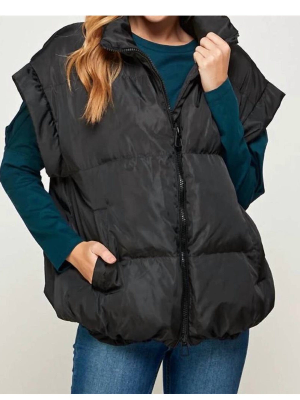 Ellison Black Puffer Vest Oversized Quilted Short Sleeve Zip Up Women Size Small